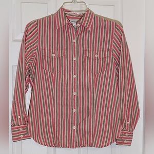 Jones New York Sport SP Pink/Green Striped Cotton Blouse. 1990s Vintage.
